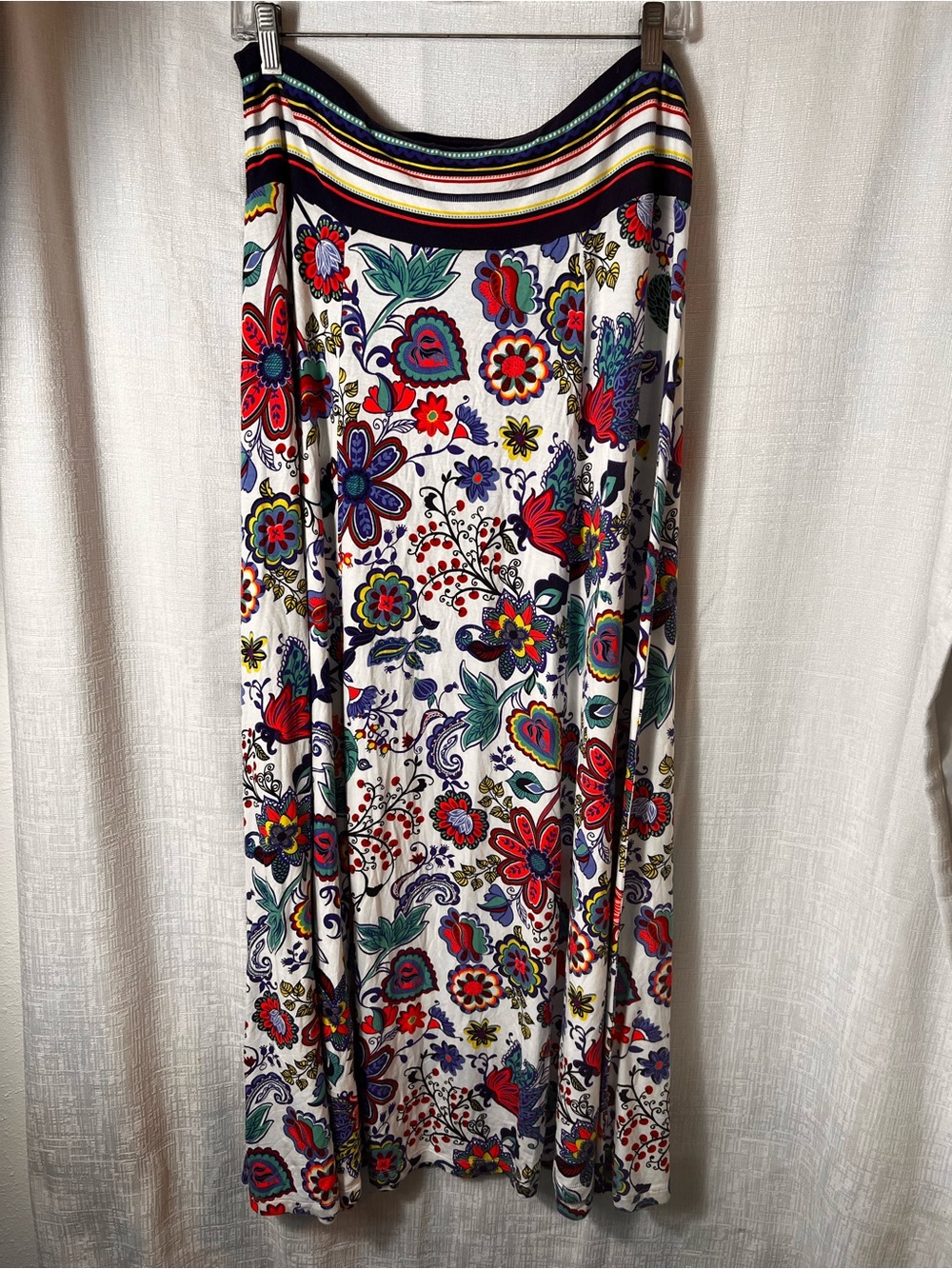 Milly White Maxi Skirt with Multicolor Floral Print and Striped Waistband SIZE L